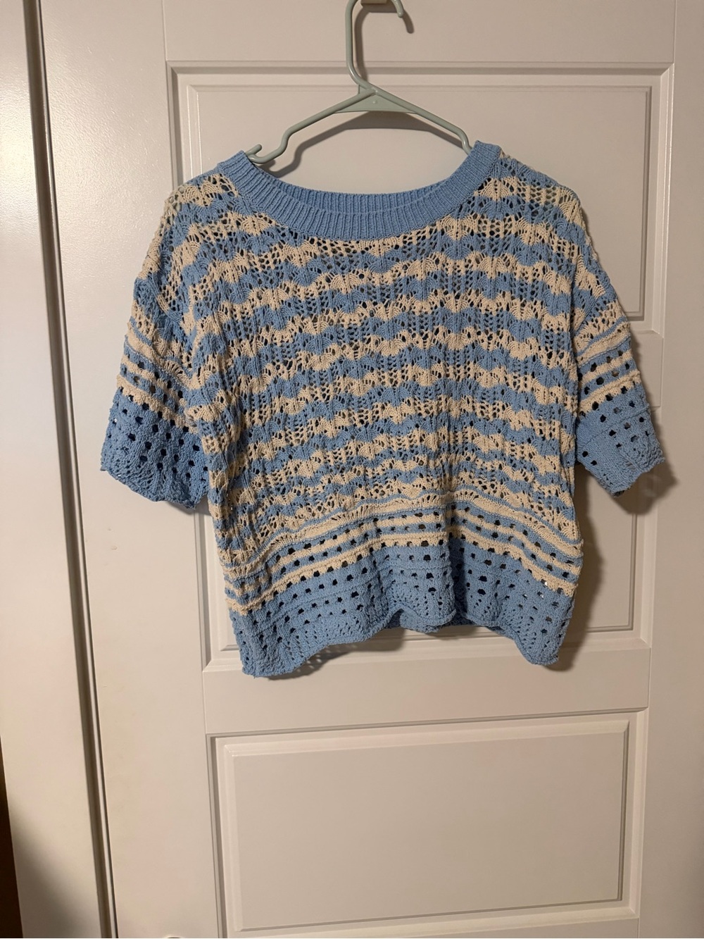 bohme Blue and Cream Open-Knit Short Sleeve Sweater